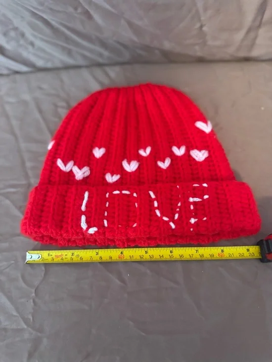 Handmade Crochet ribbed Beanie Hat with White Heart Accents - Picture 1 of 4